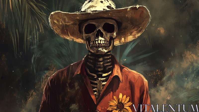 Skeleton cowboy stands in glowing jungle haze portrait