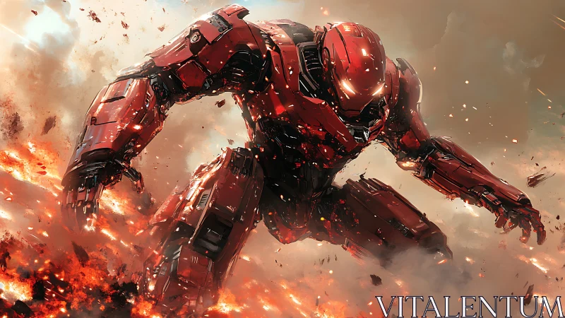 Armored red mech descends through molten battlefield fire.