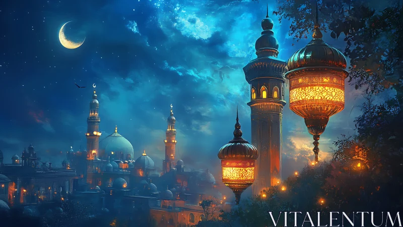 Moonlit mosque skyline with glowing brass lanterns