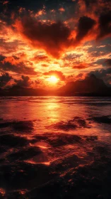 Molten sky over twilight shore with mirrored firelight.