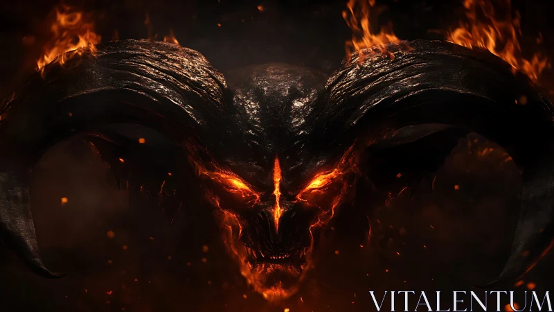 Horned flaming skull emerges from dark background with embers