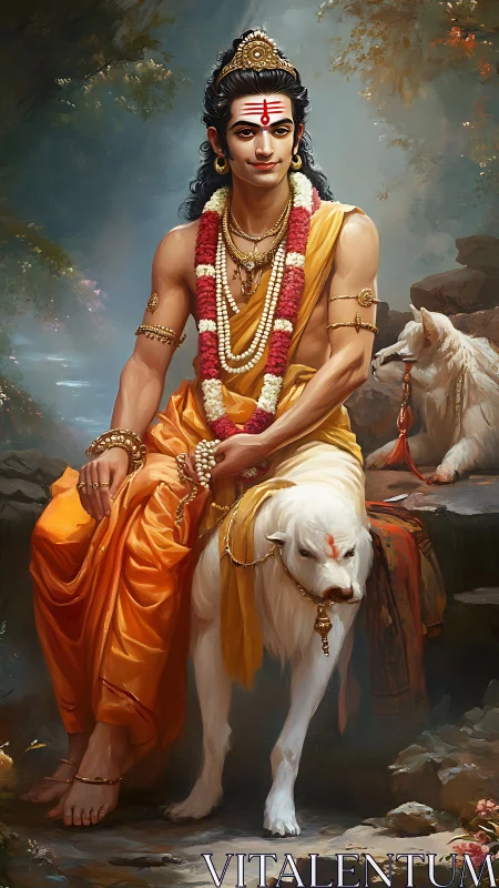 Serene Hindu deity rests with sacred white dogs in nature