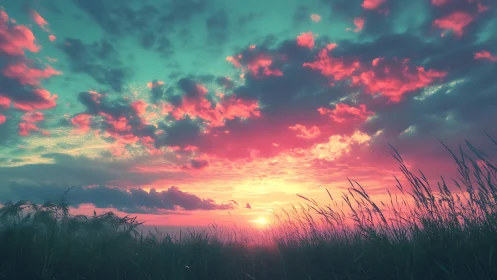 Sunset sky illuminates tall grass field with vivid colors