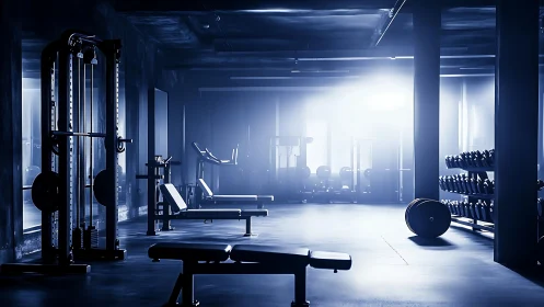 Empty strength gym under moody blue studio lighting.