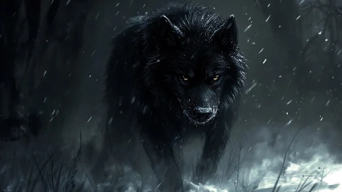 Midnight wolf advancing through snow in cinematic storm scene.