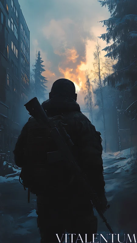 Winter wanderer walking toward a distant sunrise glow.