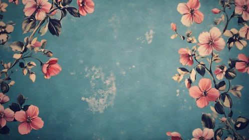 Vintage floral vignette on distressed teal canvas background.