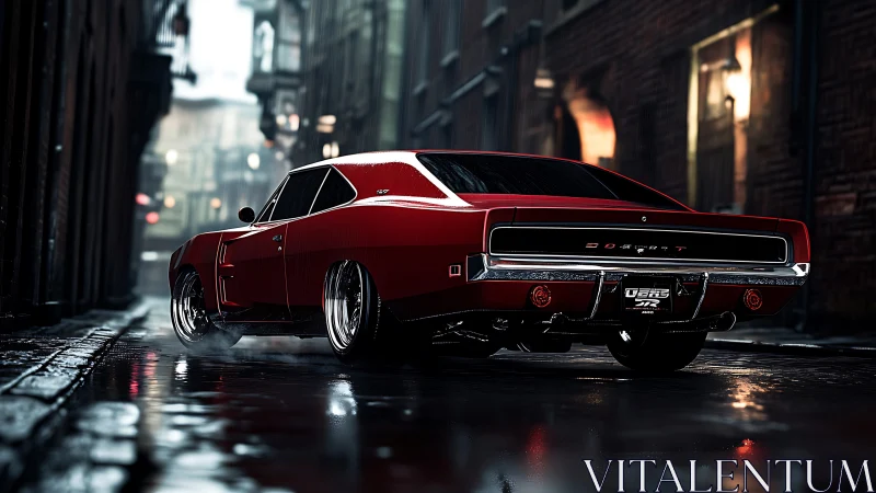 Red muscle car on wet city street in dramatic night rain.