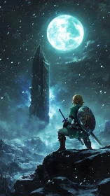 Heroic warrior faces monolithic tower under frozen moon