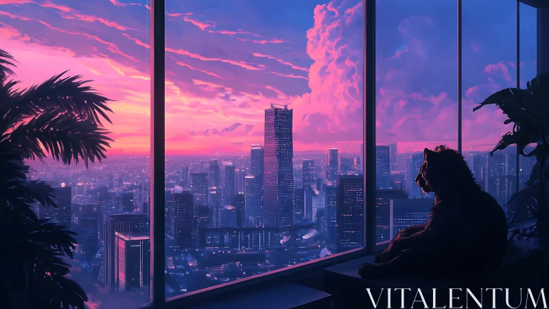 Solitary panther watches neon dusk above glowing cityscape.