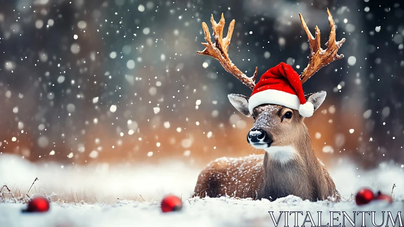 Photorealistic reindeer portrait in festive winter snowfall.