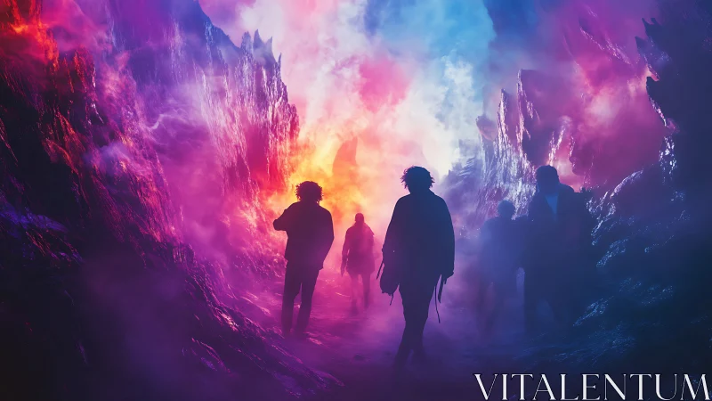 Explorers walk toward glowing neon mist in a dreamlike canyon