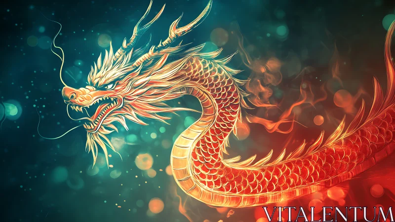 Fiery serpentine dragon coils through glowing teal embers.