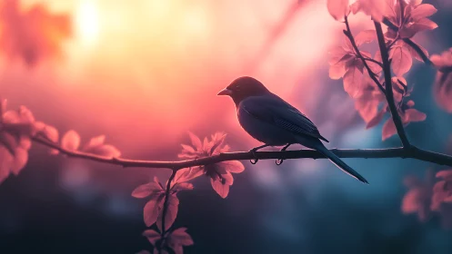 Songbird on Blossom Branch in Dreamy Sunset Light, Soft Focus.