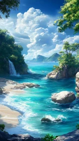 Tropical cove seascape with waterfall, cliffs and cumulus sky