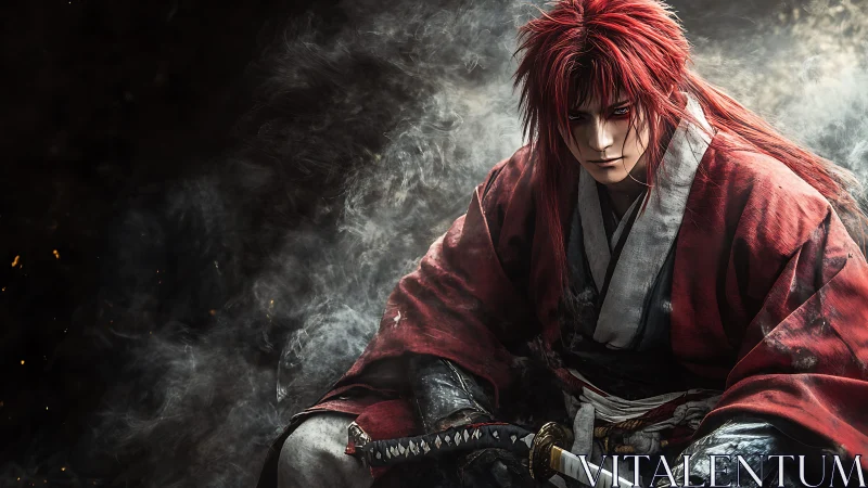 Red-haired samurai warrior in smoky cinematic lighting.