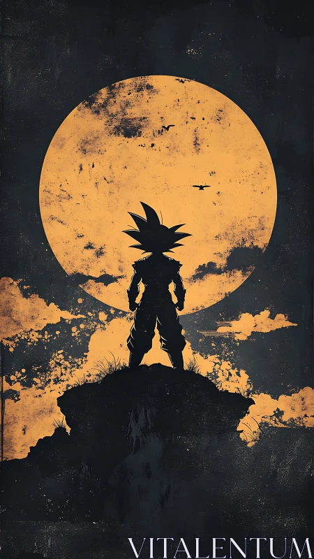 Silhouetted warrior stands before a vast, weathered moon.