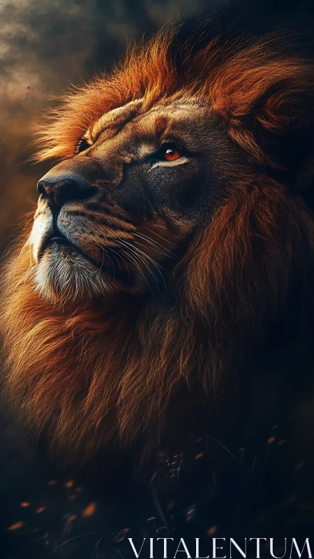 Lion portrait burns with dusk light and molten detail.