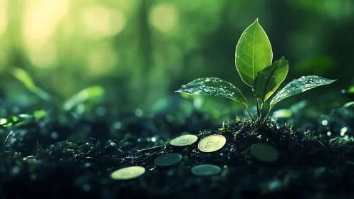 Tender green sprout rising from coins in a forest glow.