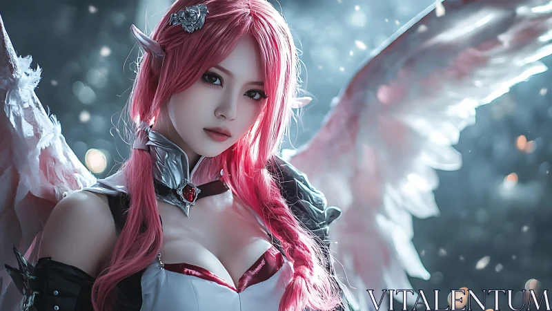 Winged warrior princess with ethereal pink braids poised