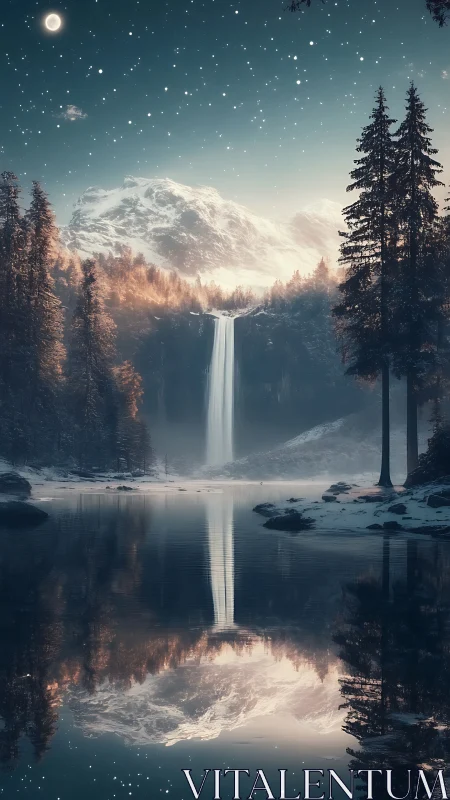 Moonlit alpine waterfall mirrored on tranquil winter lake.
