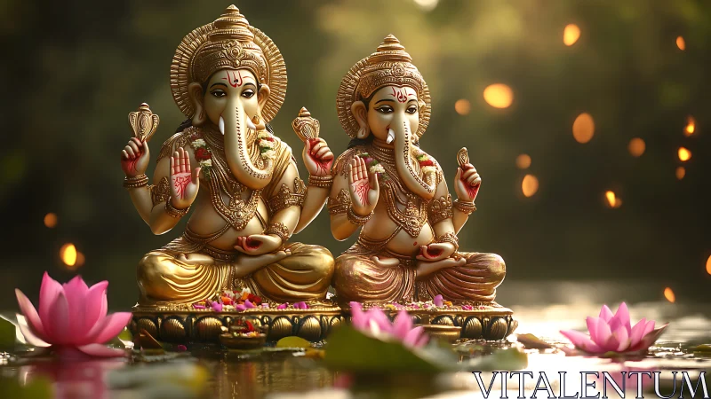Twin Ganesha statues sit on reflective water with lotus flowers