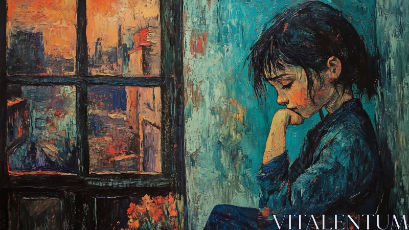 Melancholic girl in impasto interior contrasts warm city glow