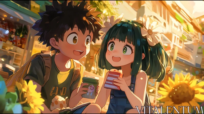 Smiling anime kids share sunny snack break among sunflowers