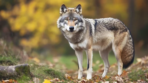 Grey wolf stands alert amid soft autumn forest bokeh.