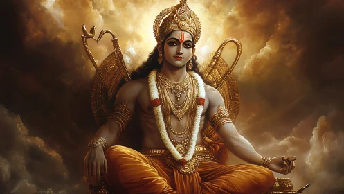 Seated mythological figure with ornate gold ornaments in clouds.