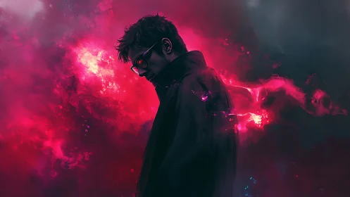 Solitary male figure amid red abstract light field.