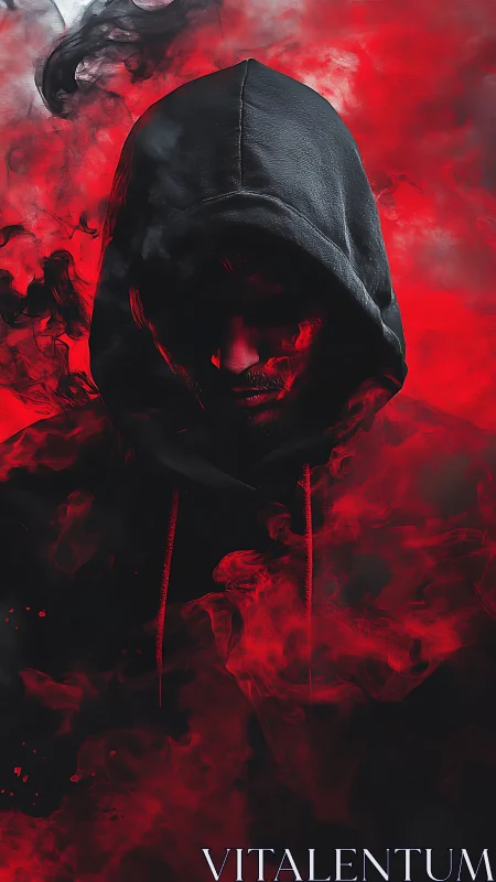 Hooded figure emerges from red smoke in a dark, ominous void