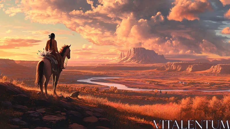 Rider surveys river basin under volumetric sunset cloud formations