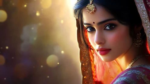 Bridal portrait with golden bokeh and intricate red sari detailing.