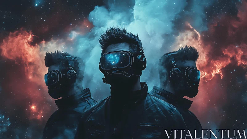 Triadic cybernauts immersed in nebular VR cosmos vision.