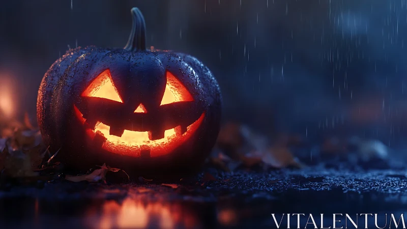 Cinematic jack o lantern with rain-soaked night atmosphere.