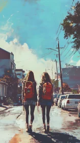 Urban street scene with two backpackers under bright sky.