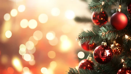 Red Christmas ornaments glow on evergreen tree branches.