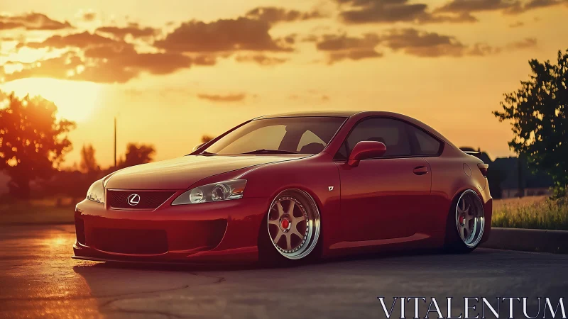 Sunset-kissed red Lexus coupe waits low and ready for night drives