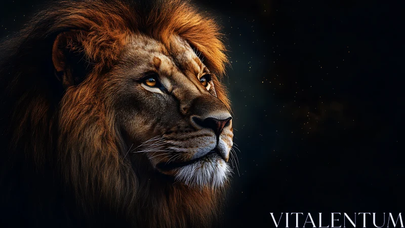 Side profile of male lion against dark background.