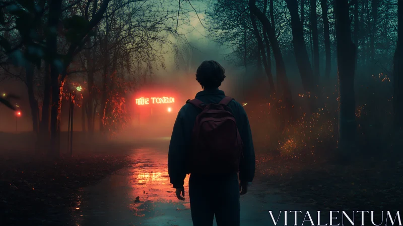 Teen with backpack on misty forest path at neon sign.
