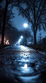 Low-angle wet pavement at night under defocused park lampposts