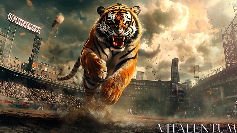 Kinetic macro-tiger sprinting through a deformed baseball stadium.