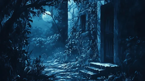 Moonlit stone doorway framed by dense overgrown forest.