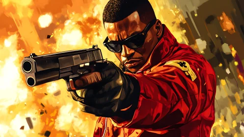 Man in red jacket aiming handgun amid explosion backdrop.