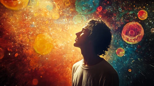 Immersed dreamer beneath exploding cosmic nebulae glow.