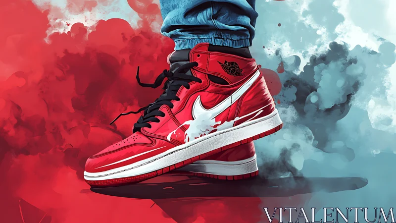 Street-bred scarlet sneakers surfing a painted stormscape.