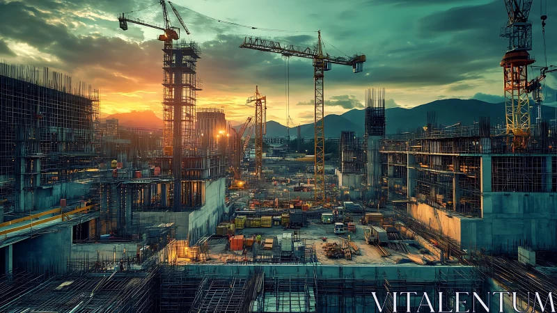 Sunset-lit urban megastructure under intensive crane operation