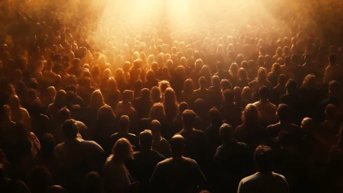 Backlit crowd stands united beneath glowing golden light.