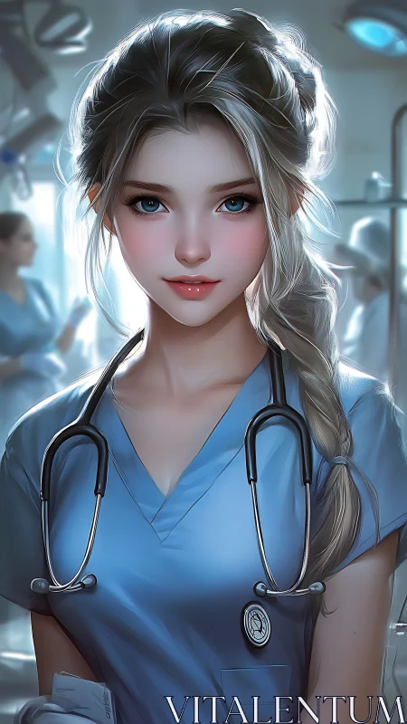 Stylized medical professional in blue scrubs portrait.